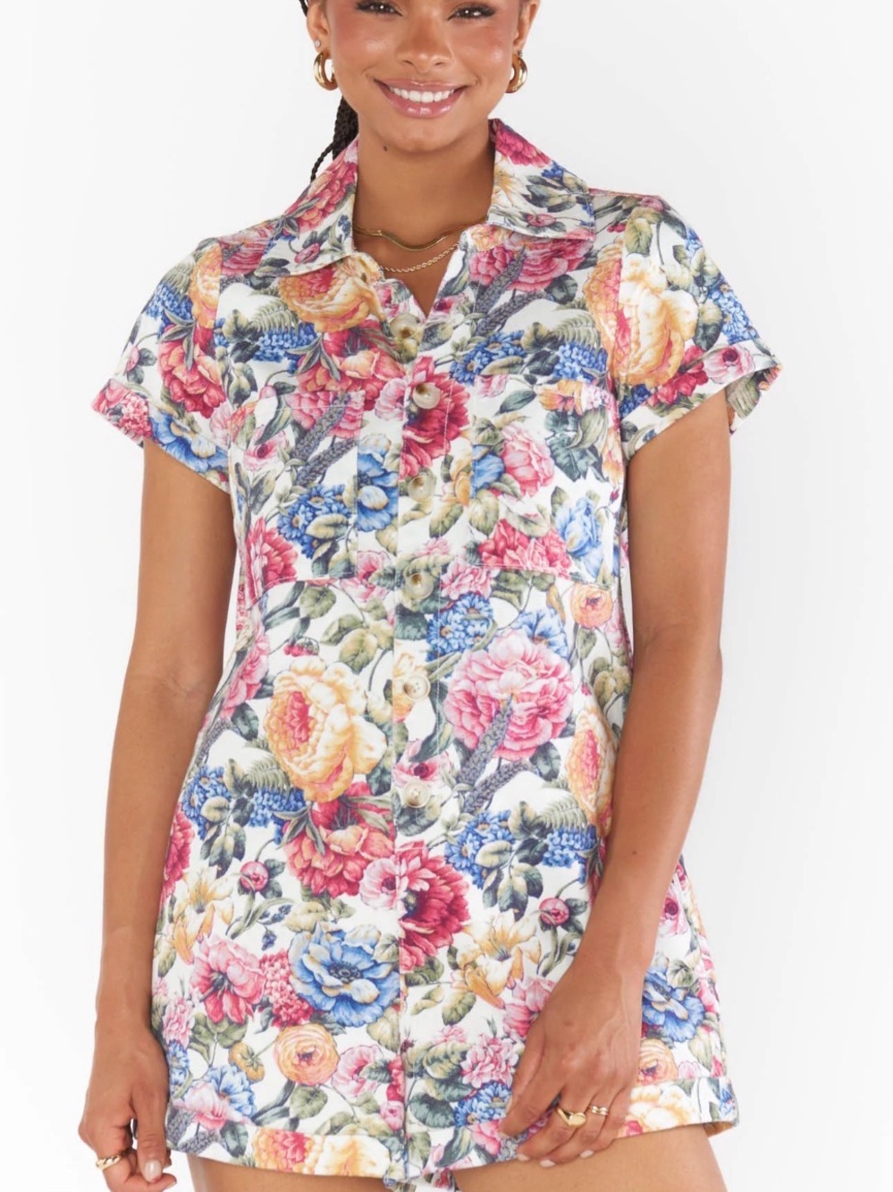 Show Me Your MuMu Floral Button-Down Short Sleeve Top - White Multi